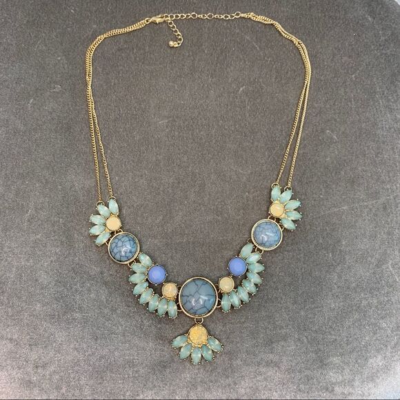 PASTEL marbled blue greenish opalescent rhinestone gem jewelled necklace - Picture 3 of 8